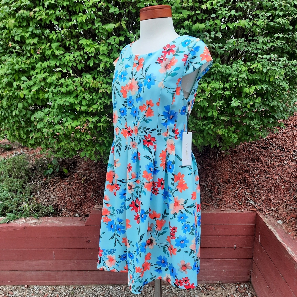Calvin Klein Floral Print Scuba Stretch Knit Dress Spring Summer Plus 14 NEW - Picture 2 of 10